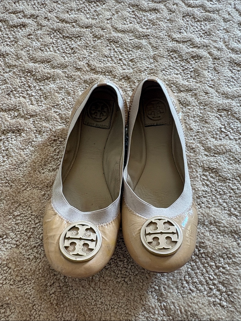 Tory Burch Beige Patent Logo Ballet Flats